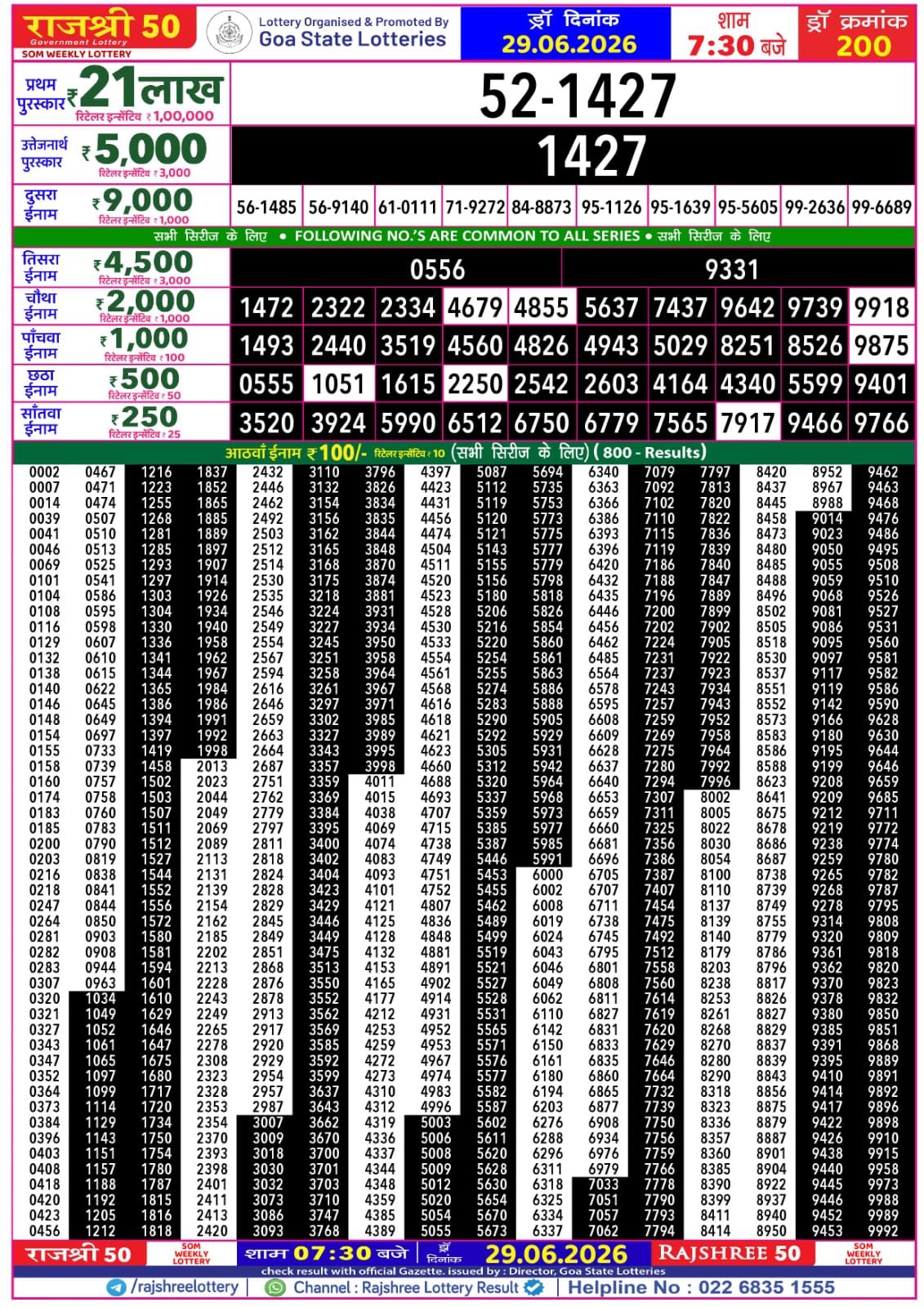 Rajshree 50 7:30 PM Result 29 June 2026