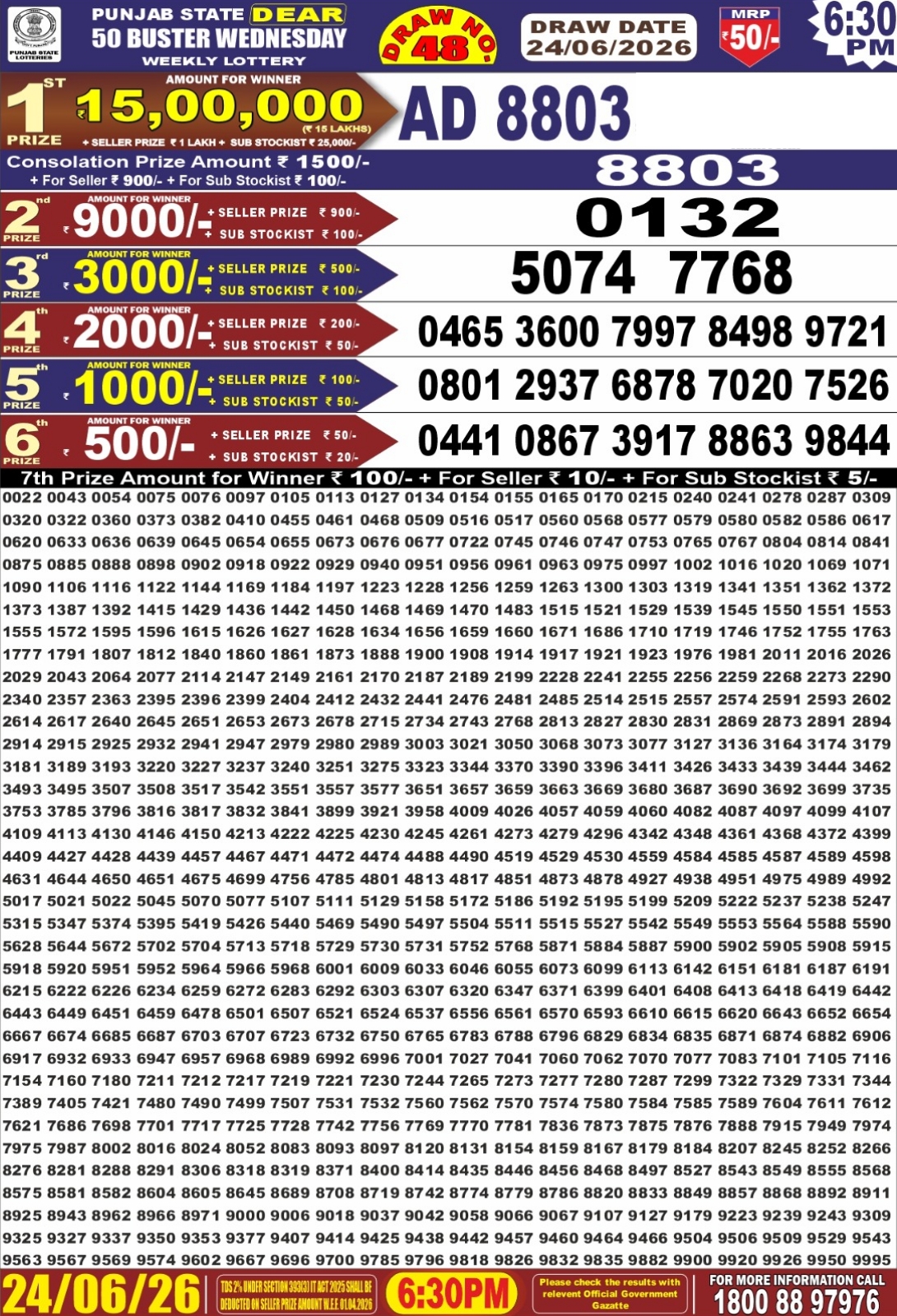 Punjab Dear 50 6:30 PM Result 24 June 2026