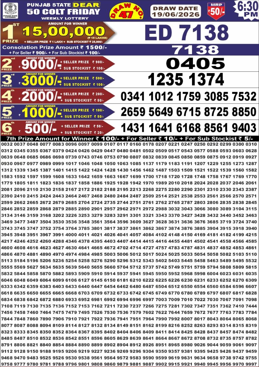 Punjab Dear 50 6:30 PM Result 19 June 2026