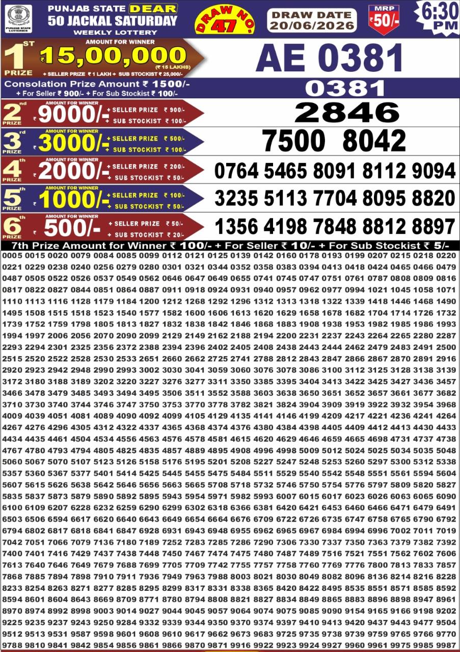 Punjab Dear 50 6:30 PM Result 20 June 2026