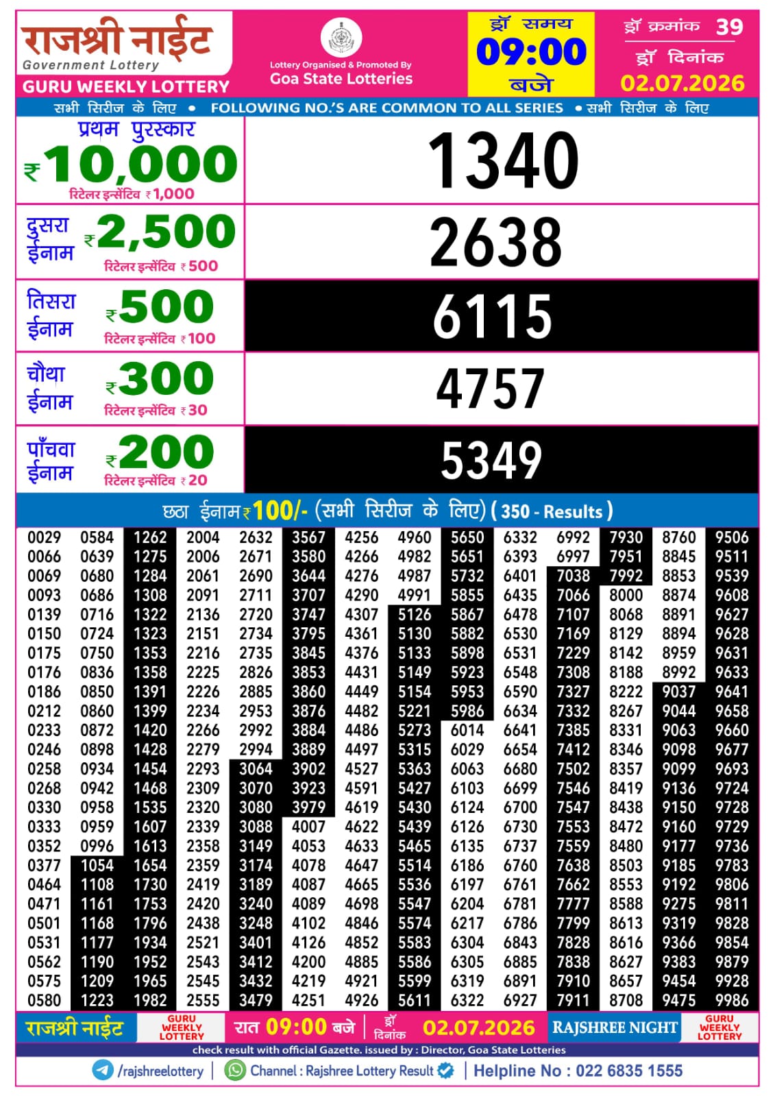 Rajshree Night 9 PM Result 02 July 2026