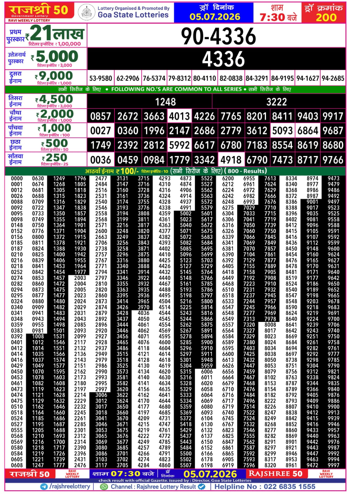 Rajshree 50 7:30 PM Result 05 July 2026