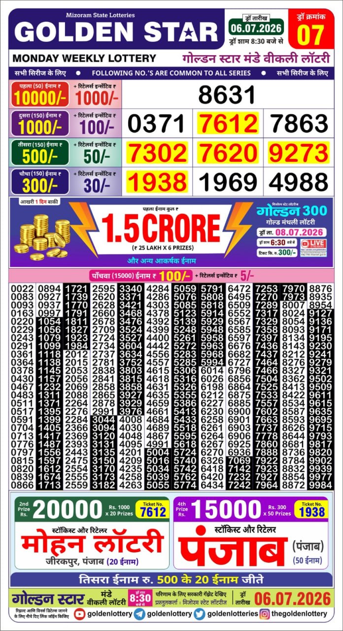 Golden Star 8:30 PM Result 06 July 2026