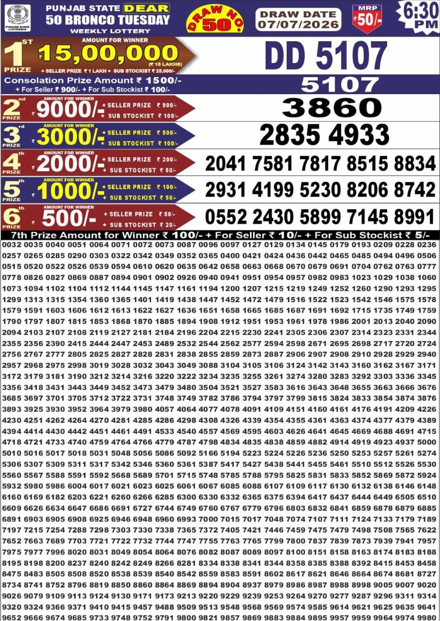 Punjab Dear 50 6:30 PM Result 07 July 2026