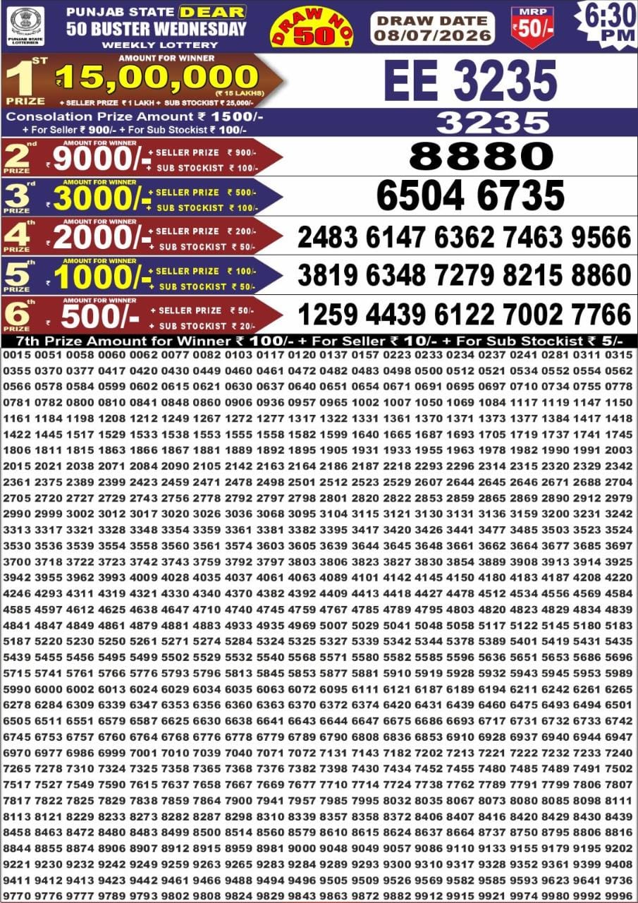 Punjab Dear 50 6:30 PM Result 08 July 2026