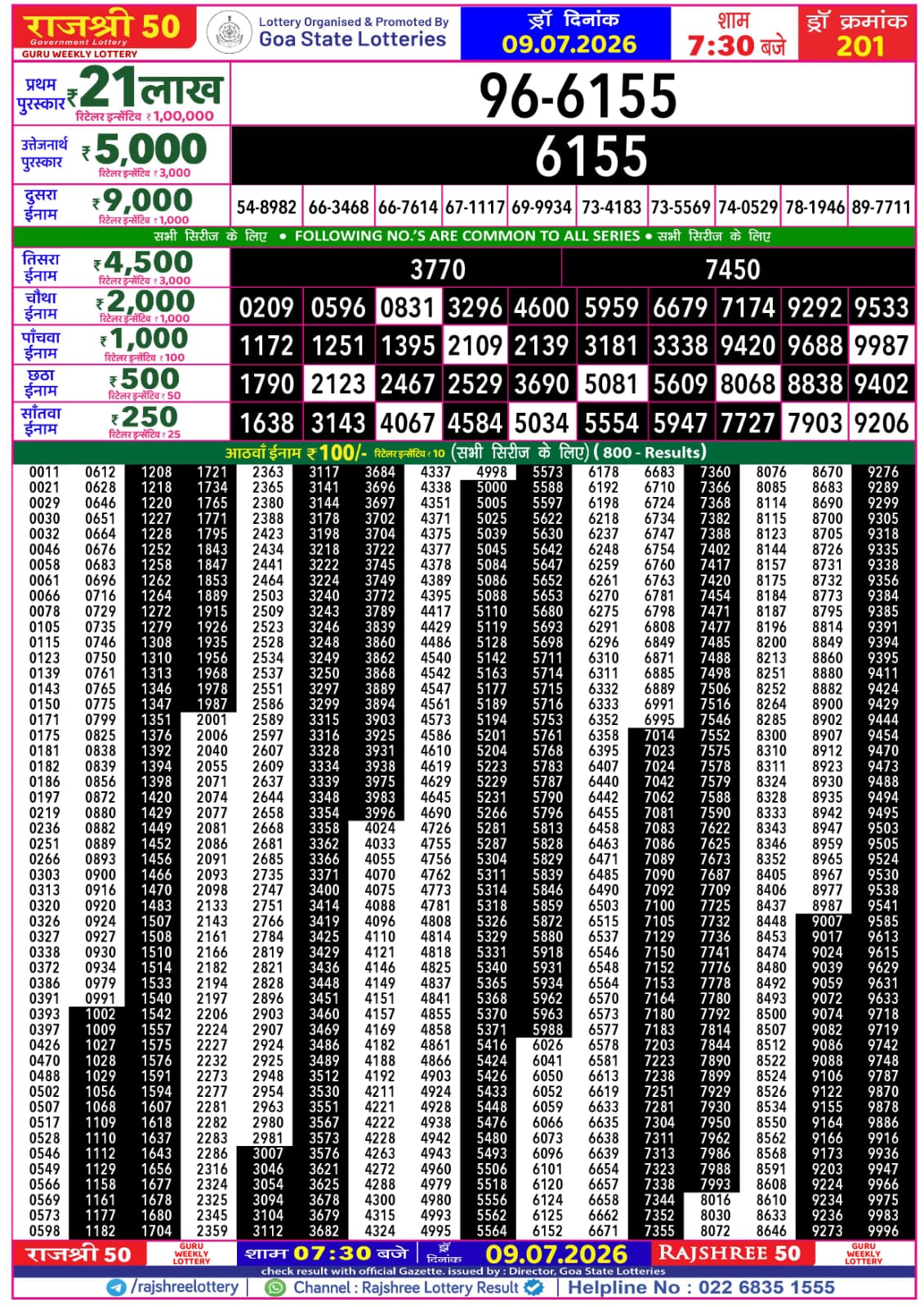 Rajshree 50 7:30 PM Result 09 July 2026