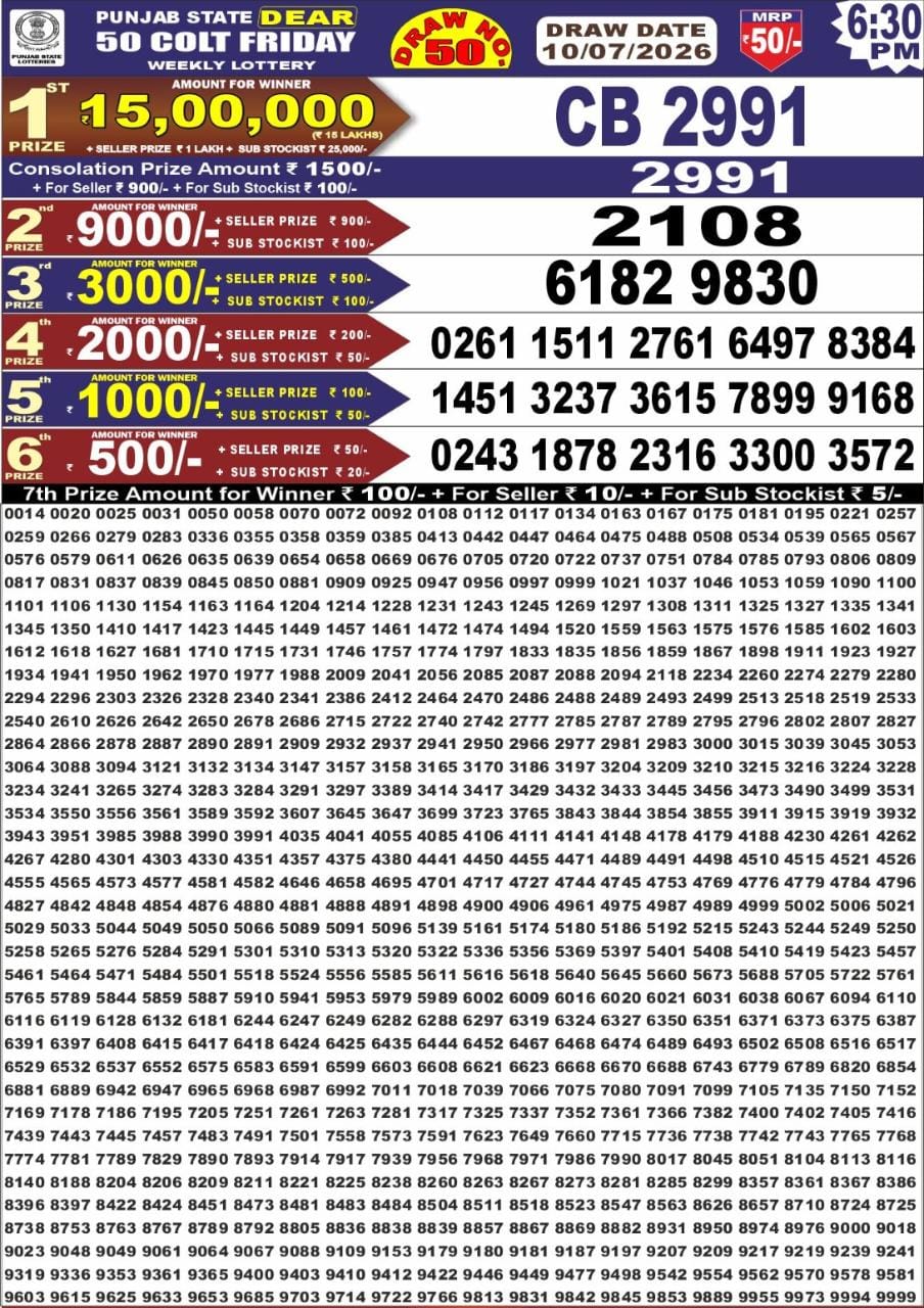 Punjab Dear 50 6:30 PM Result 10 July 2026