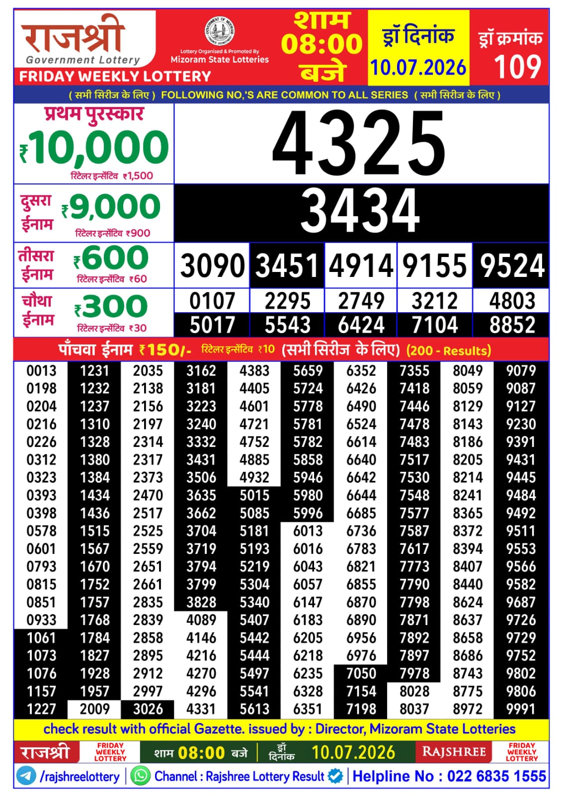 Rajshree 8 PM Result 10 July 2026