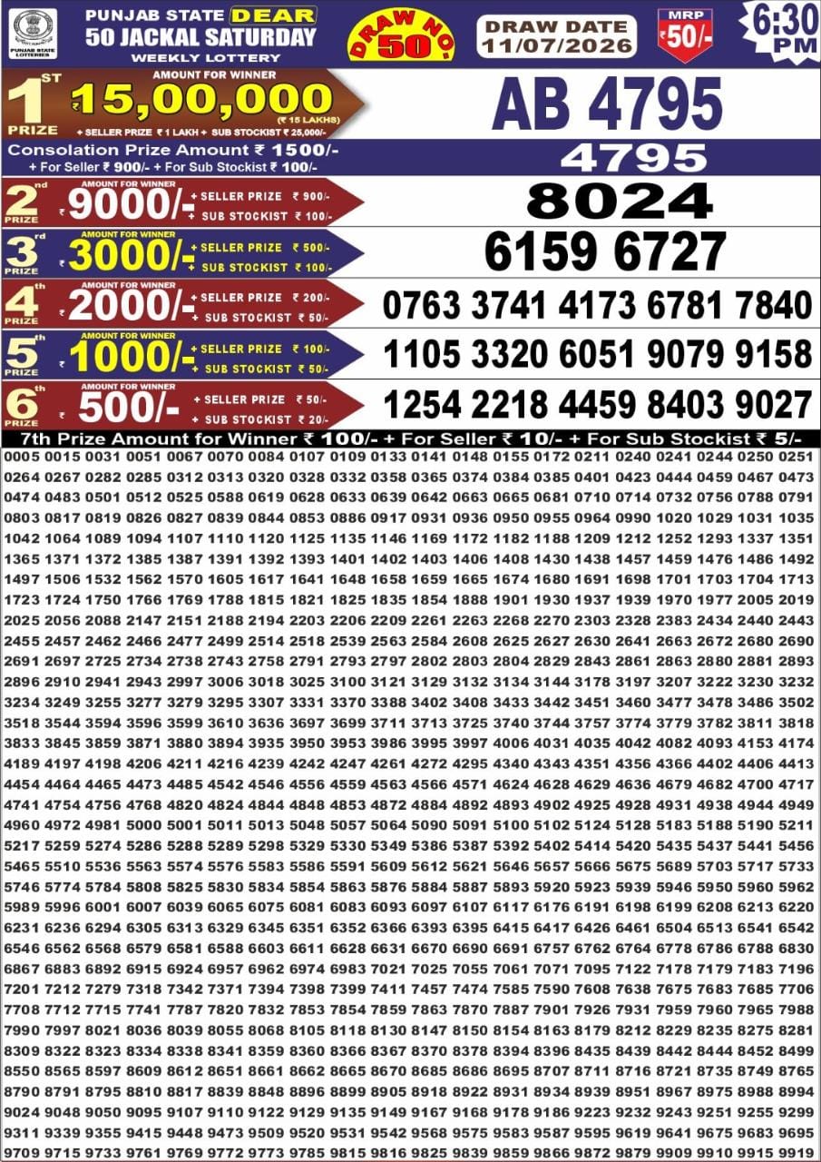 Punjab Dear 50 6:30 PM Result 11 July 2026