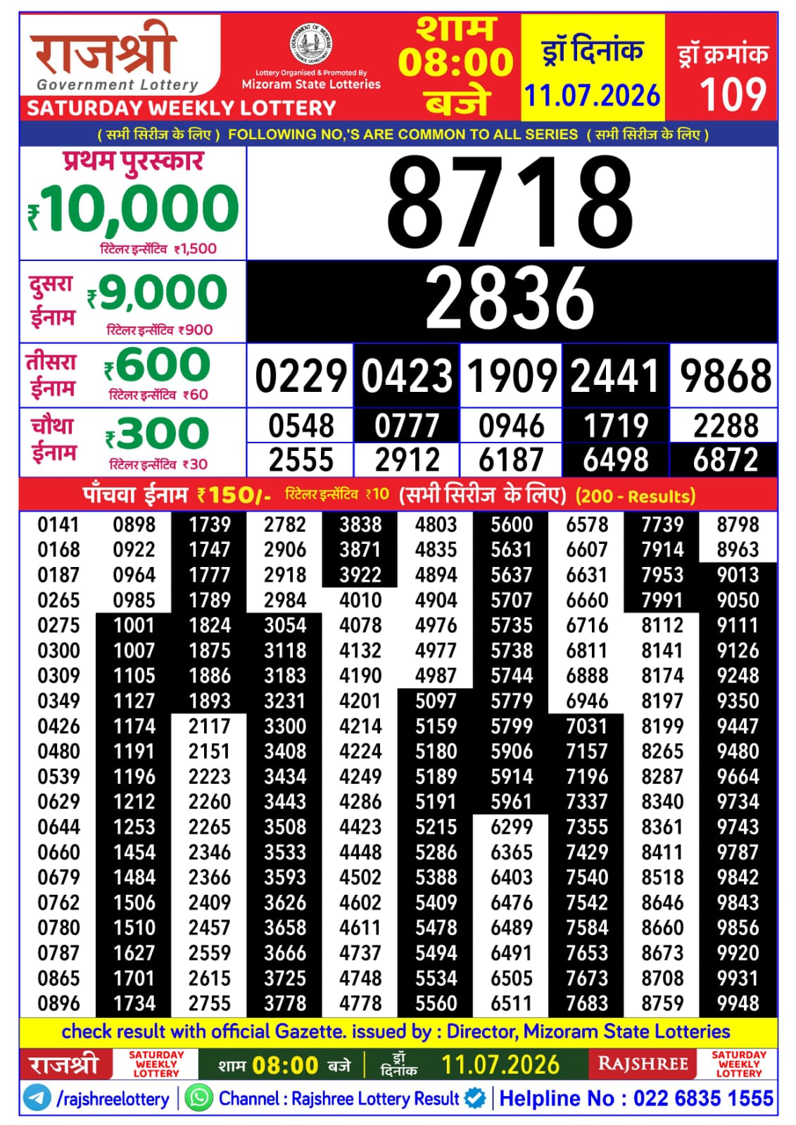 Rajshree 8 PM Result 11 July 2026
