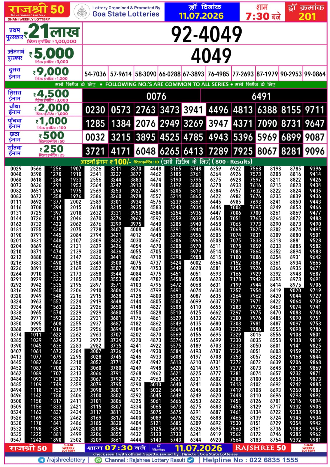 Rajshree 50 7:30 PM Result 11 July 2026