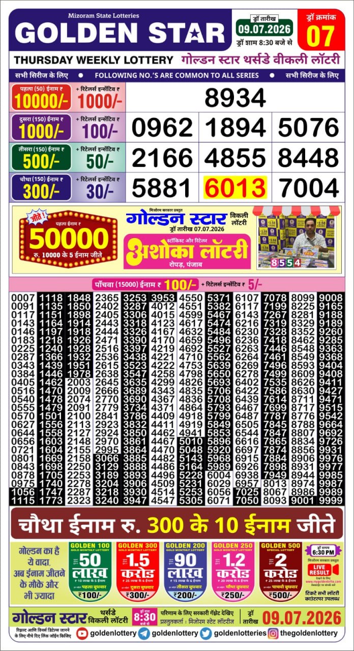 Golden Star 8:30 PM Result 09 July 2026